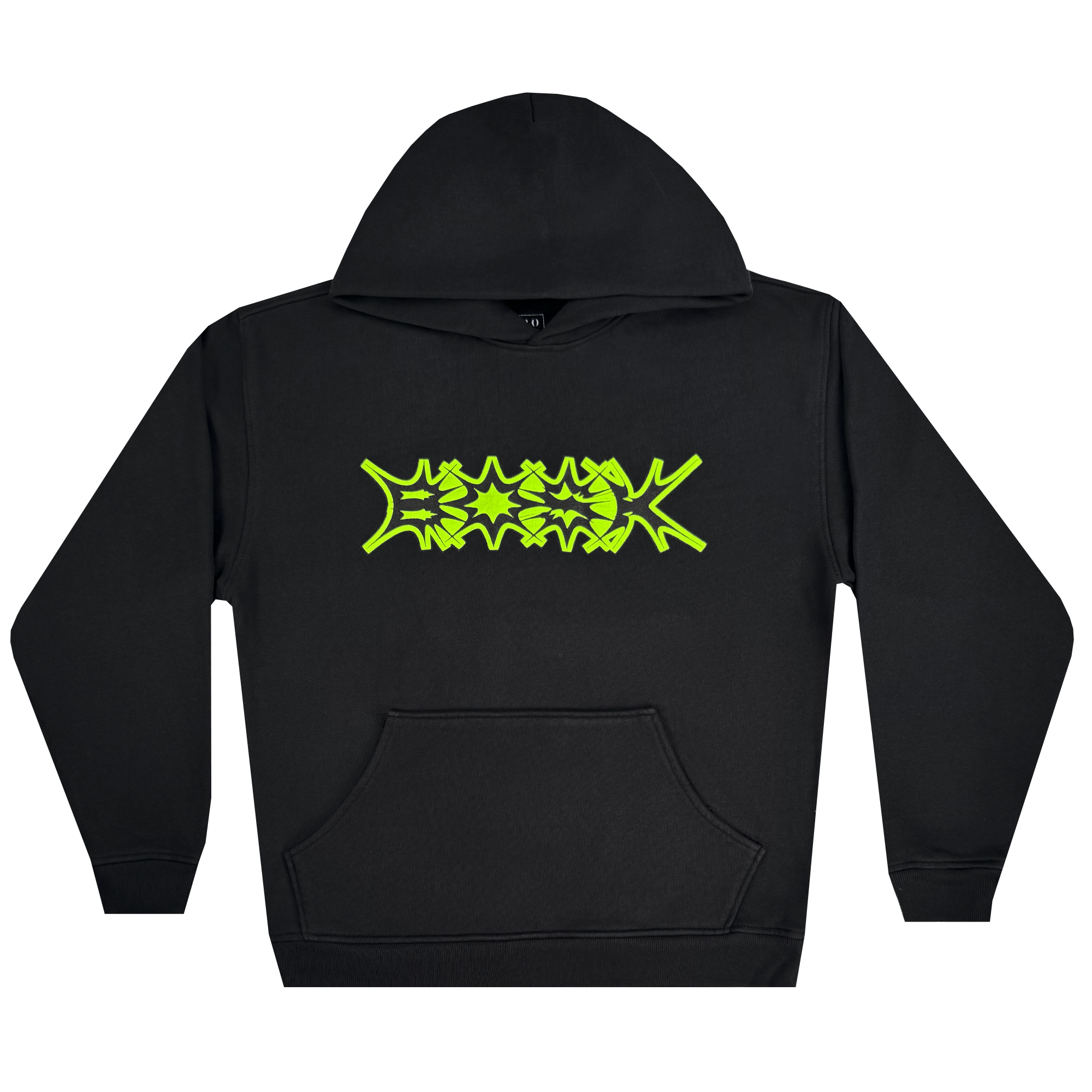 The BOSK Distortion Hoodie is a black cotton fleece piece featuring a bold, angular graffiti-style graphic in neon green across the chest. It has an oversized drop shoulder cut, front pouch pocket, and adjustable drawstring hood.
