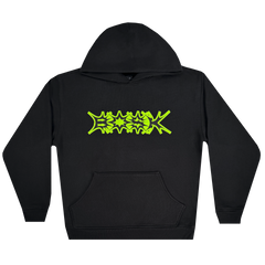 The BOSK Distortion Hoodie is a black cotton fleece piece featuring a bold, angular graffiti-style graphic in neon green across the chest. It has an oversized drop shoulder cut, front pouch pocket, and adjustable drawstring hood.