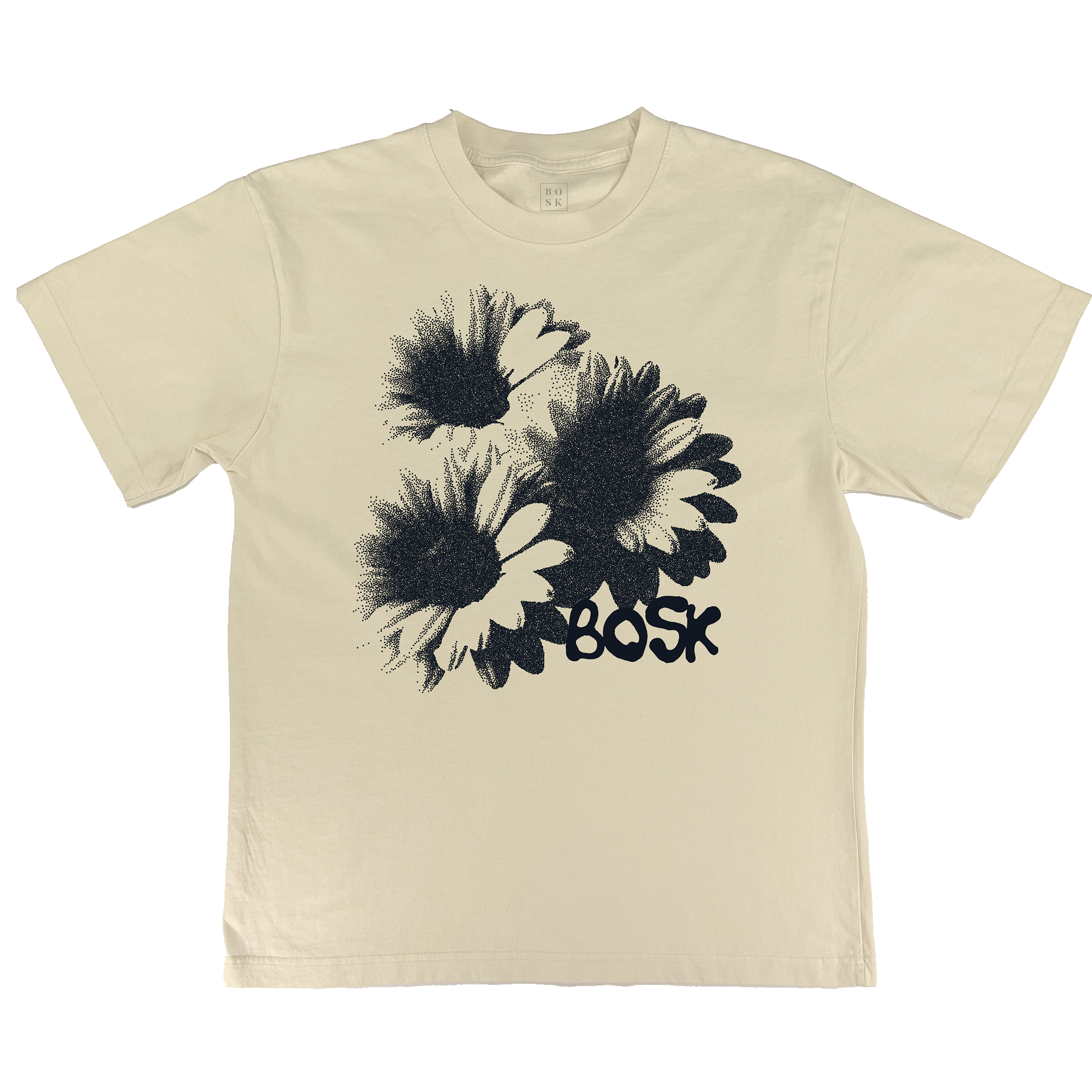 The BOSK Floret Tee is a cream heavyweight cotton t-shirt with a black stippled illustration of three overlapping daisies and "BOSK" in bold below. It offers an oversized fit and is available in men's sizing.