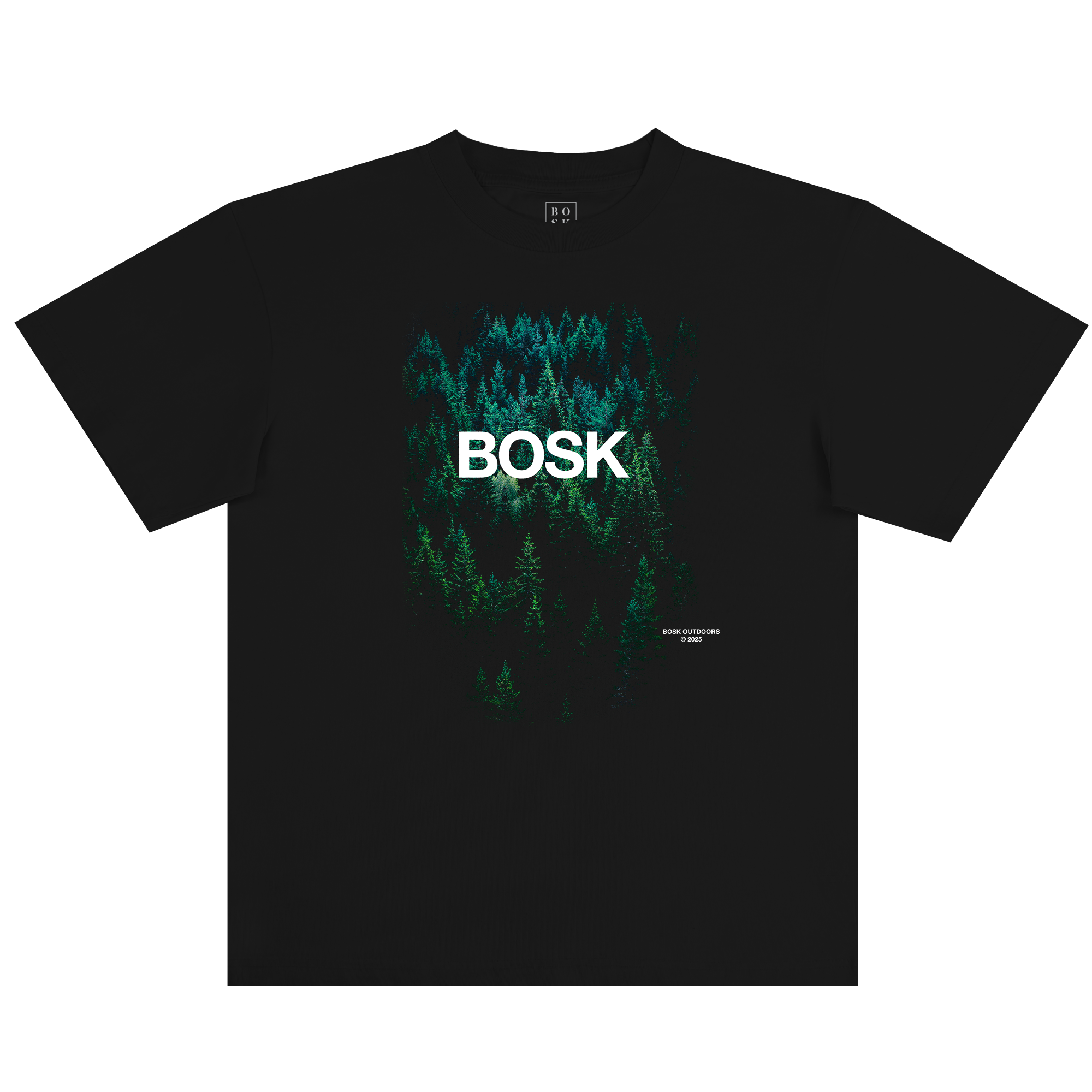The Forest Brush Tee by BOSK is a black, classic fit 100% cotton shirt with a dense green forest aerial print, bold “BOSK” lettering, and “empty landscapes series 2023” text in the corner.
