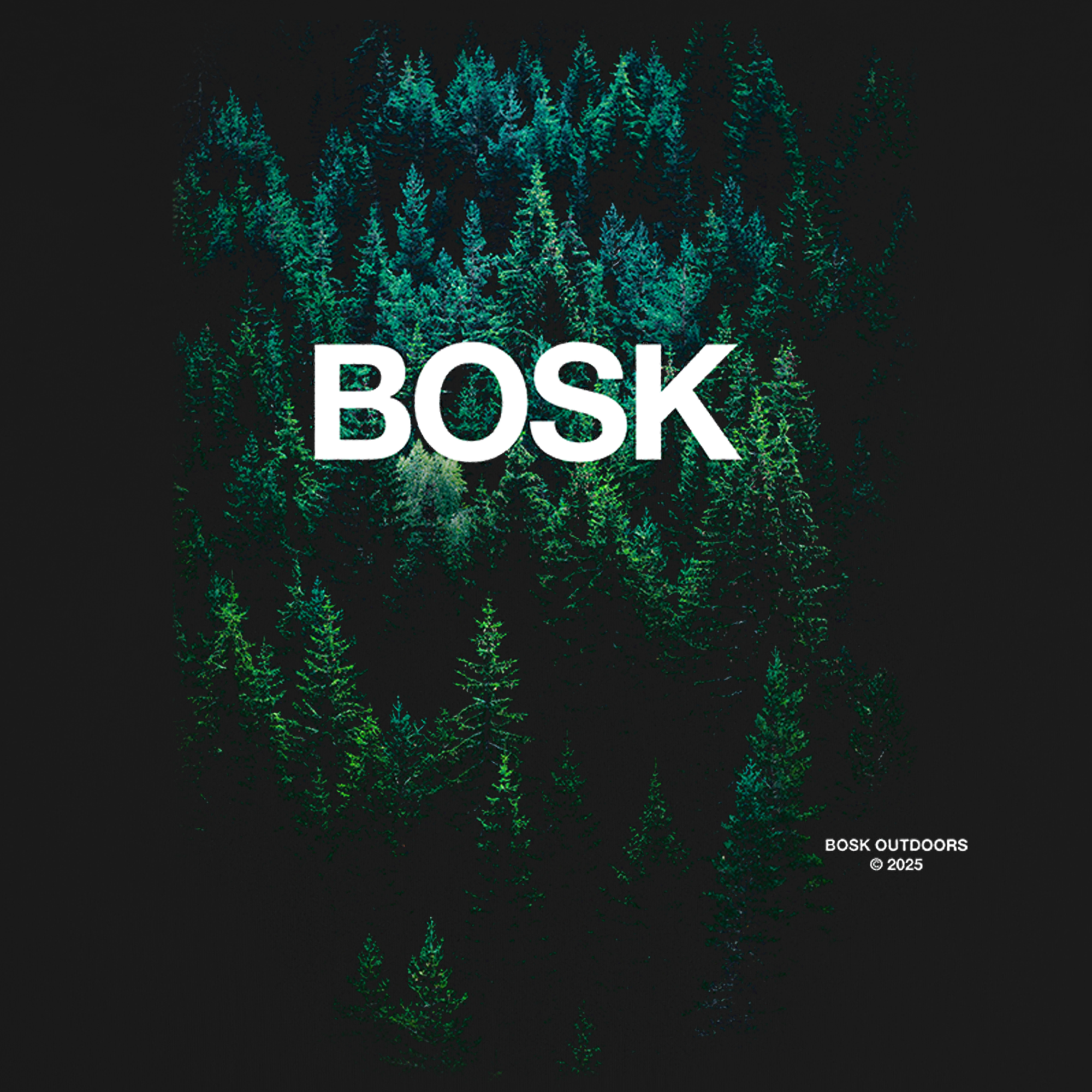 An aerial view of a dense green forest under dim light fills the image. Large white text in the center reads “BOSK.” In the lower right, “Forest Brush Tee, BOSK © 2023” notes this classic fit tee is crafted from heavy-weight cotton.