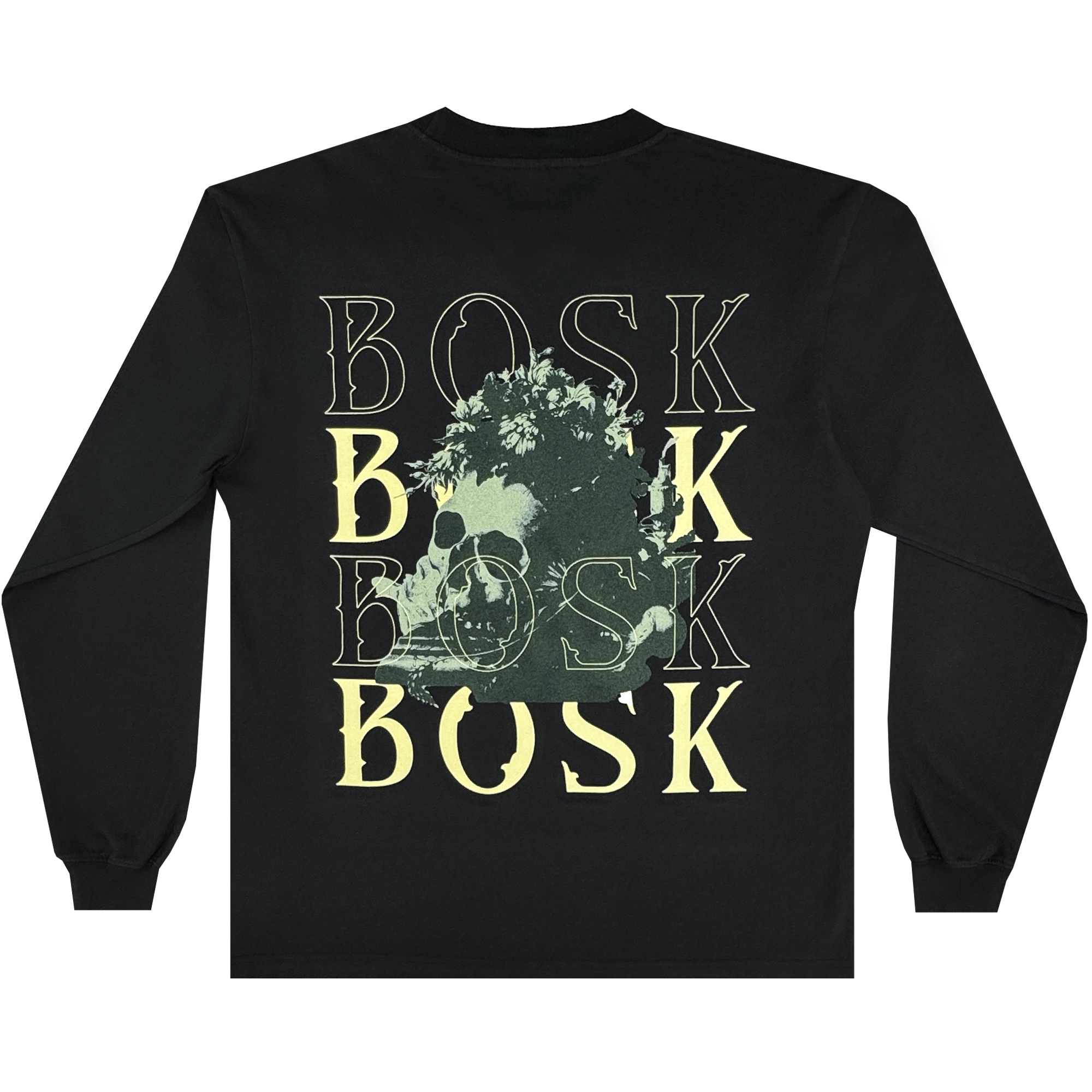 The BOSK Allure LS Tee is a black long sleeve shirt with a skull overgrown by plants and “BOSK” in pale yellow and green. Made from heavy-weight cotton, it offers bold style and comfort.