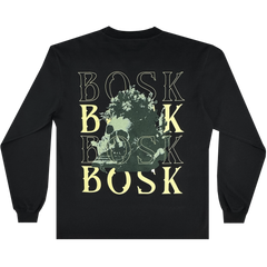 The BOSK Allure LS Tee is a black long sleeve shirt with a skull overgrown by plants and “BOSK” in pale yellow and green. Made from heavy-weight cotton, it offers bold style and comfort.