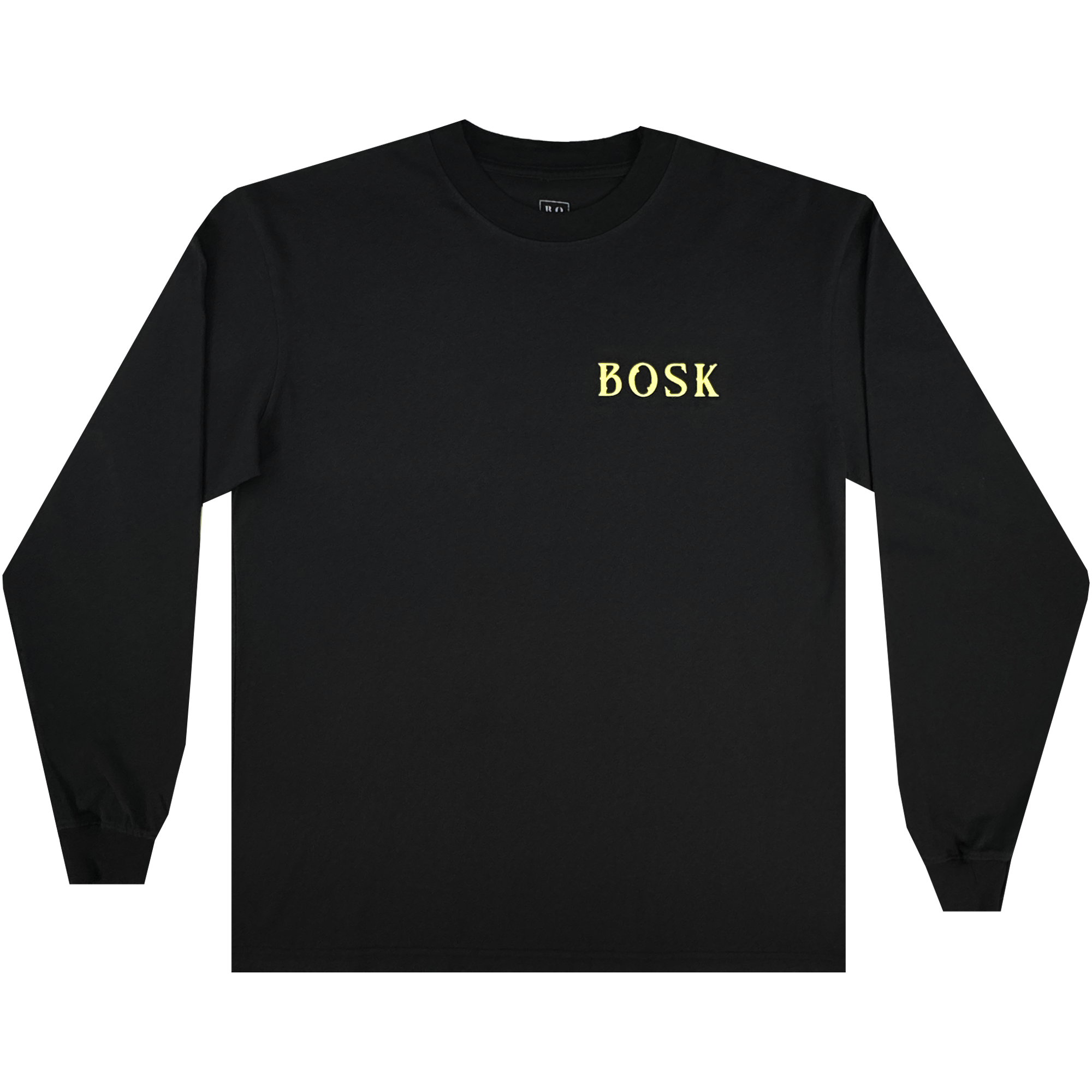 The Allure LS Tee by BOSK is a black, heavy-weight cotton long sleeve shirt featuring "BOSK" in bold yellow letters on the left chest, shown laid flat with sleeves slightly bent outward on a white background.
