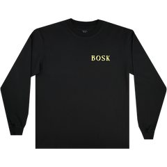 The Allure LS Tee by BOSK is a black, heavy-weight cotton long sleeve shirt featuring "BOSK" in bold yellow letters on the left chest, shown laid flat with sleeves slightly bent outward on a white background.