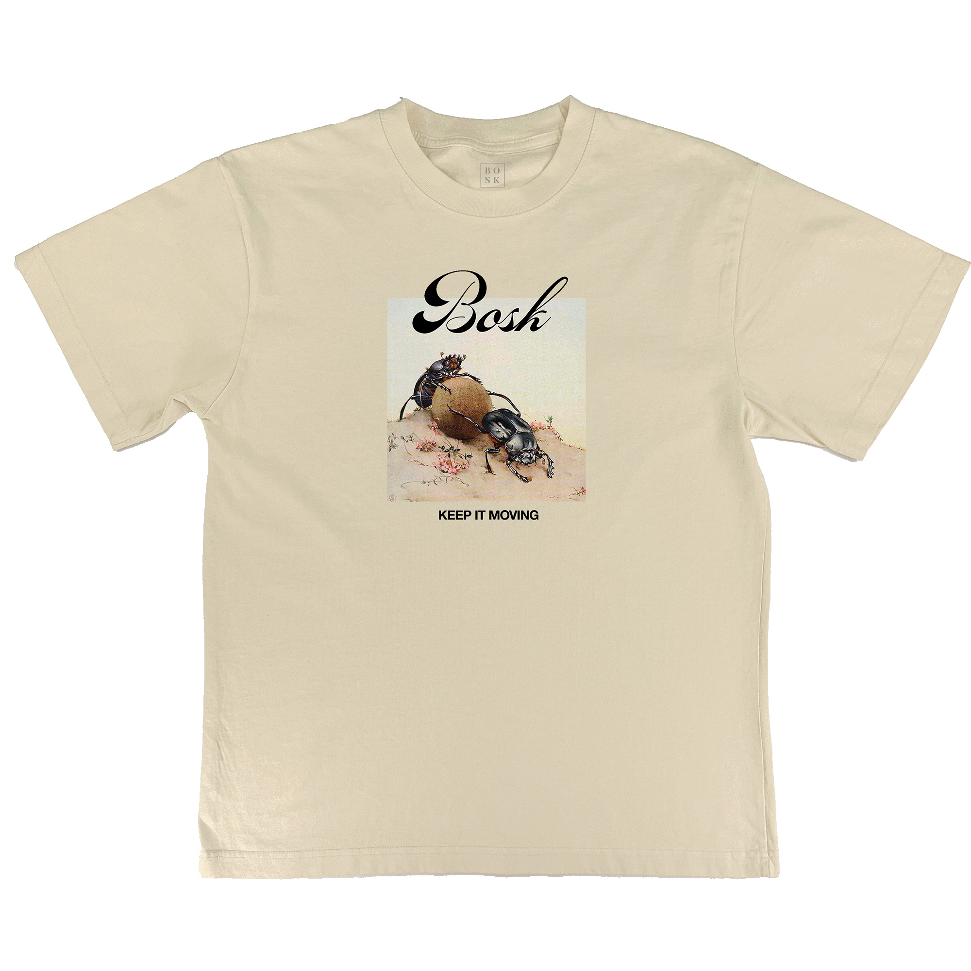 The BOSK Moving Tee is an Off White, classic fit t-shirt featuring a dung beetle graphic on sand with "Bosh" above and “KEEP IT MOVING.” below, all printed on premium heavy-weight cotton.