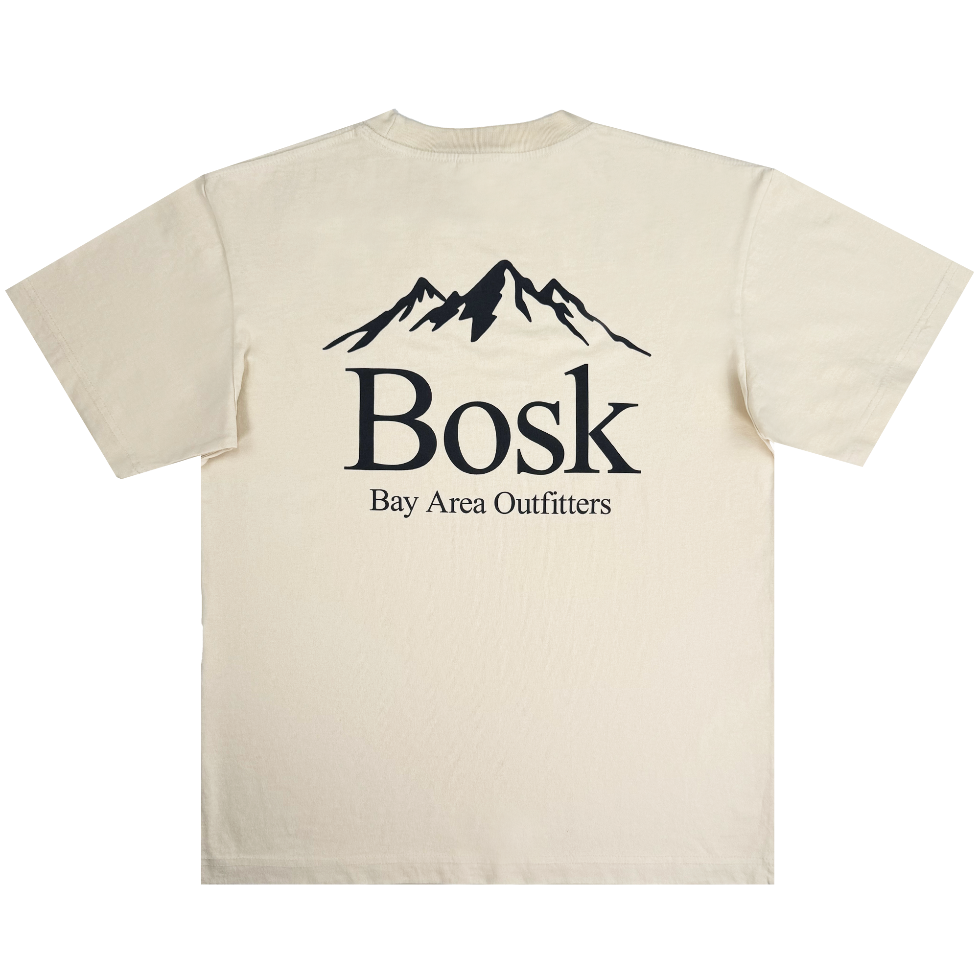 The Bosk Outdoors Tee by BOSK features a beige color with a centered mountain silhouette and the word "Bosk" in bold black text on the back. Below, smaller text reads "Bay Area Outfitters," creating a clean, outdoor-inspired aesthetic.