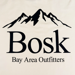 The BOSK Outdoors Tee features a sleek black-on-white logo with a stylized mountain above bold "Bosk" text, with "Bay Area Outfitters" below in smaller font.