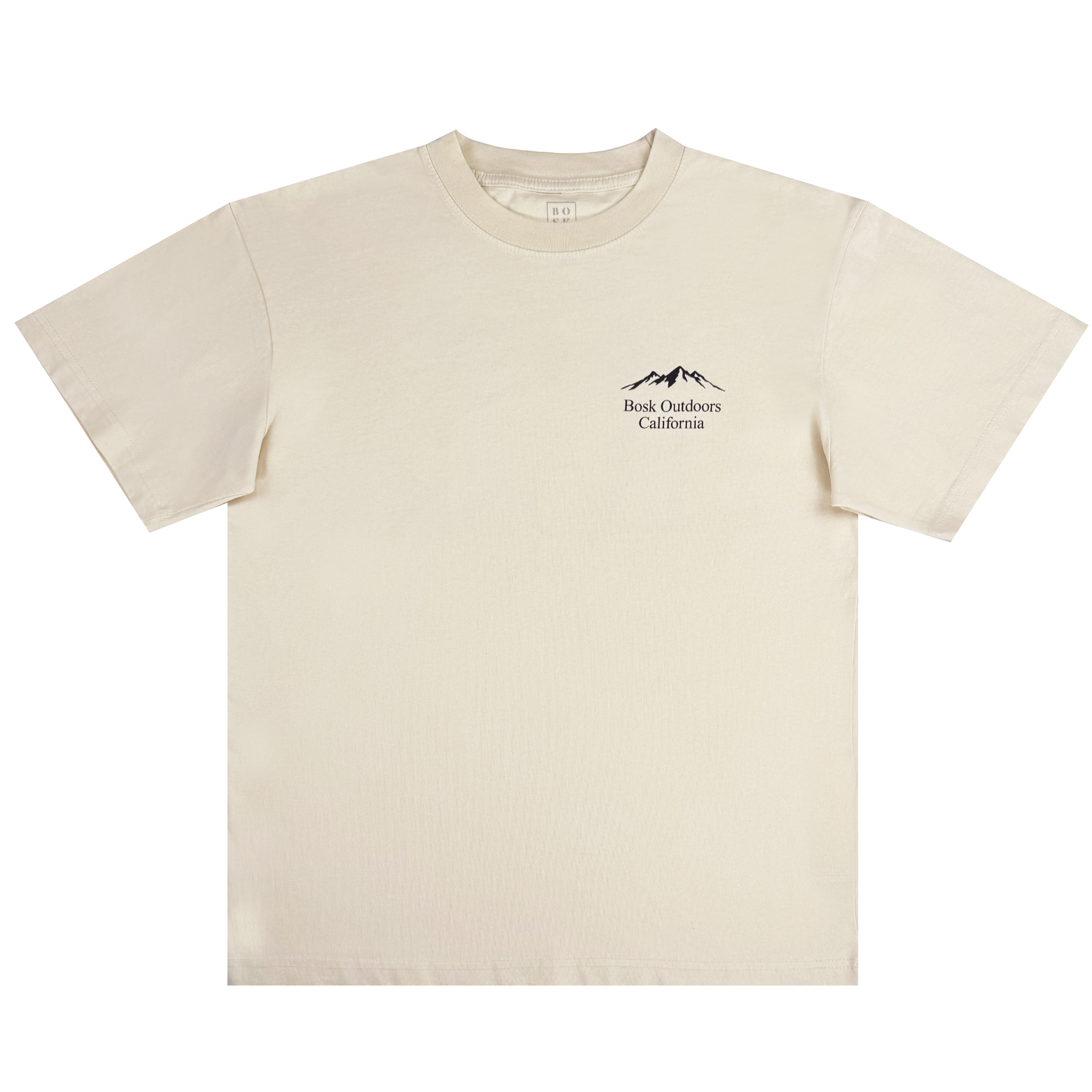 The Bosk Outdoors Tee by BOSK is a cream-colored, short-sleeve T-shirt with a round neckline. It features a minimalist design with a small black mountain graphic and "Book Outdoors California" text on the left chest, offering a simple and casual style.