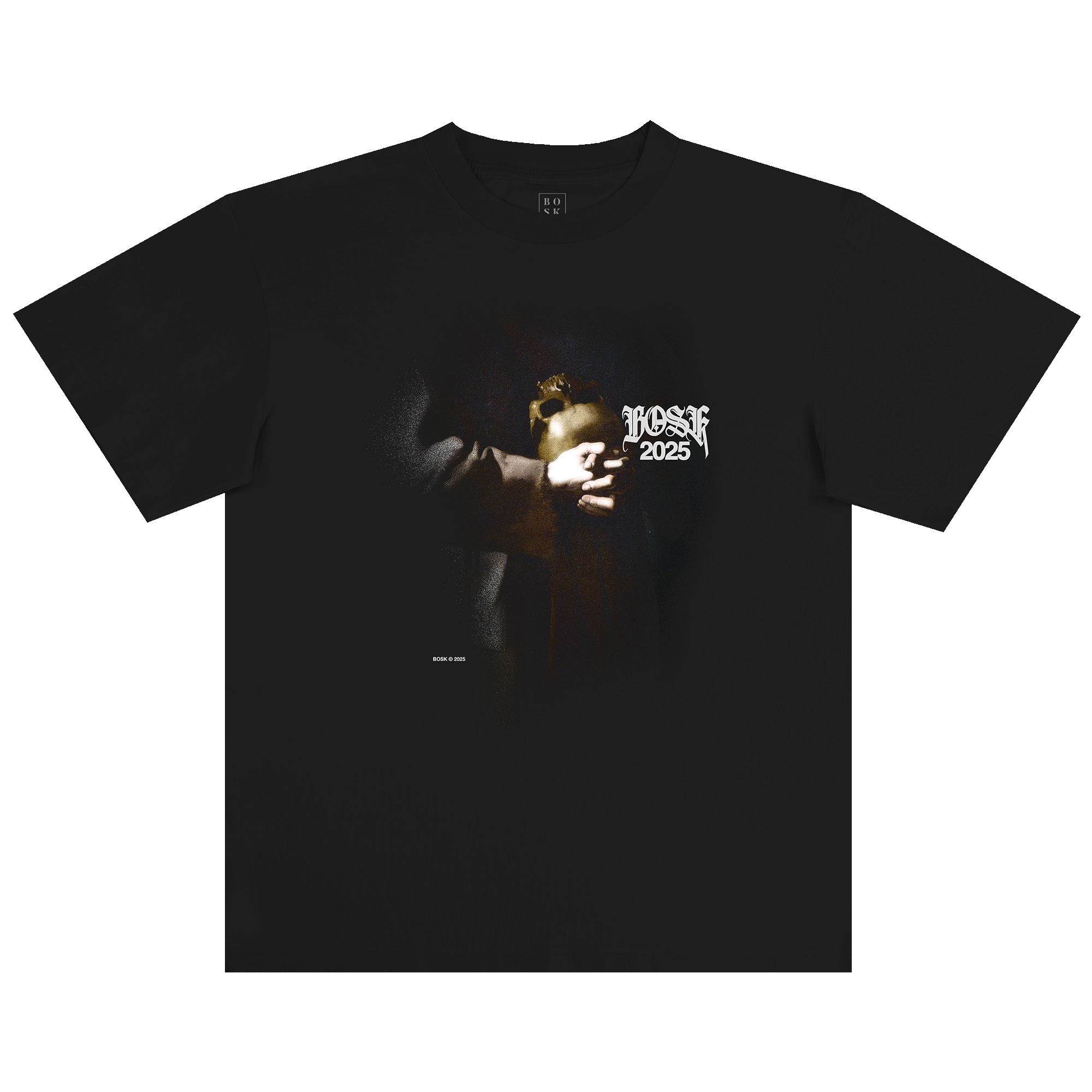 The BOSK St. Francis Tee is a black heavy-weight 100% cotton classic fit shirt with a dark image of hands holding a glowing object and “ROSE 2025” in stylized white font, creating a mysterious, dramatic look.