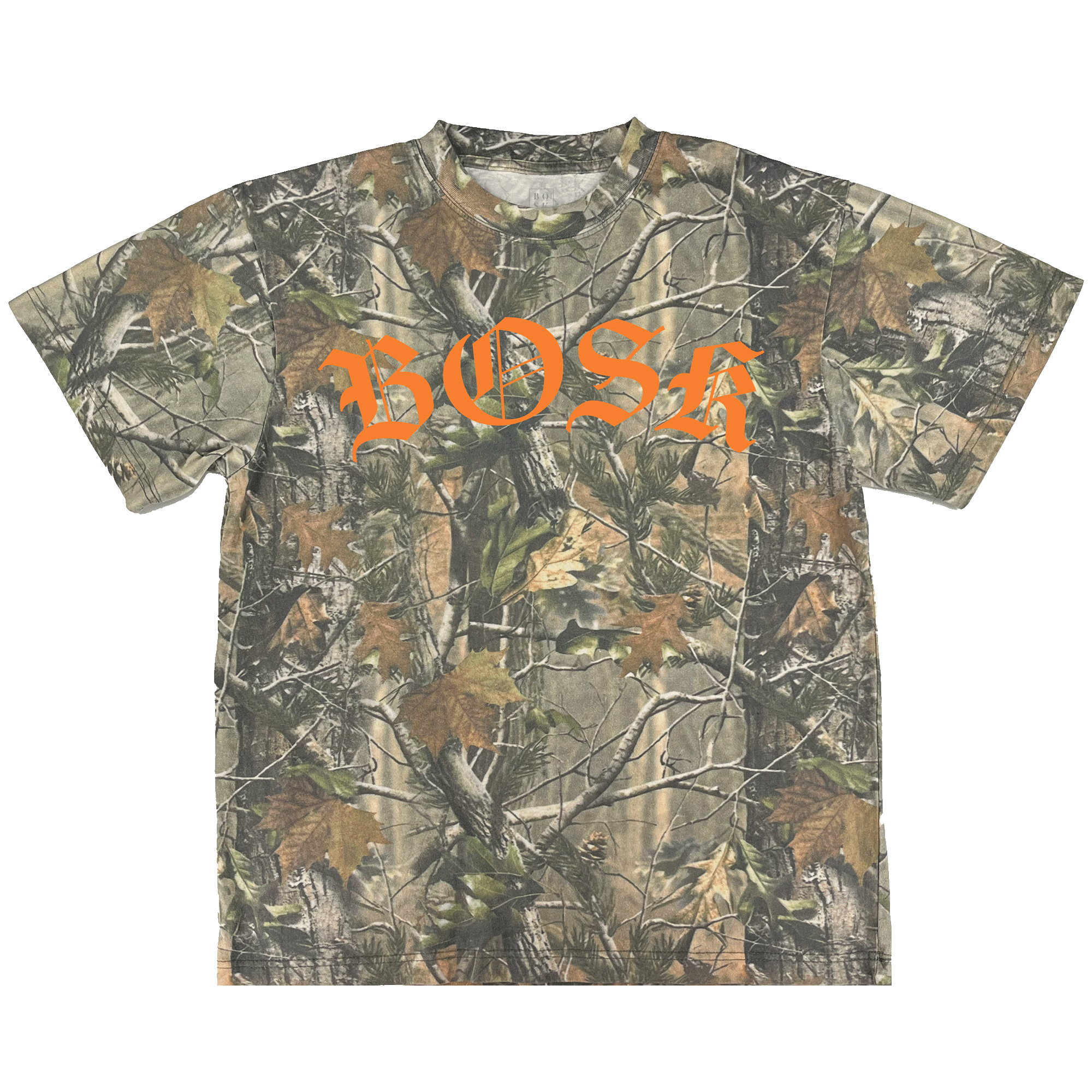 The BOSK Camo Tee is a heavyweight, short-sleeve cotton t-shirt with a green, brown, and beige Tree Camo pattern and bold orange gothic "BOSK" lettering across the chest.