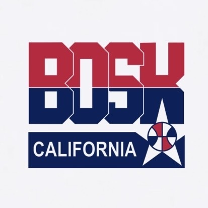 The Team BOSK Tee by BOSK features bold red and blue "BOSK" lettering, a mirrored blue design, and "CALIFORNIA" in white on a blue rectangle. Made from heavyweight cotton for comfort, ideal for an oversized men's fit.