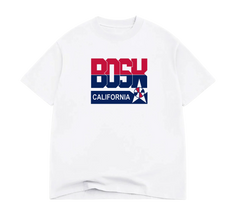 The BOSK Team BOSK Tee is a white heavyweight cotton shirt with bold red and blue "BOSK" lettering, "CALIFORNIA" text, and a star emblem on the chest. Available in men's sizing.