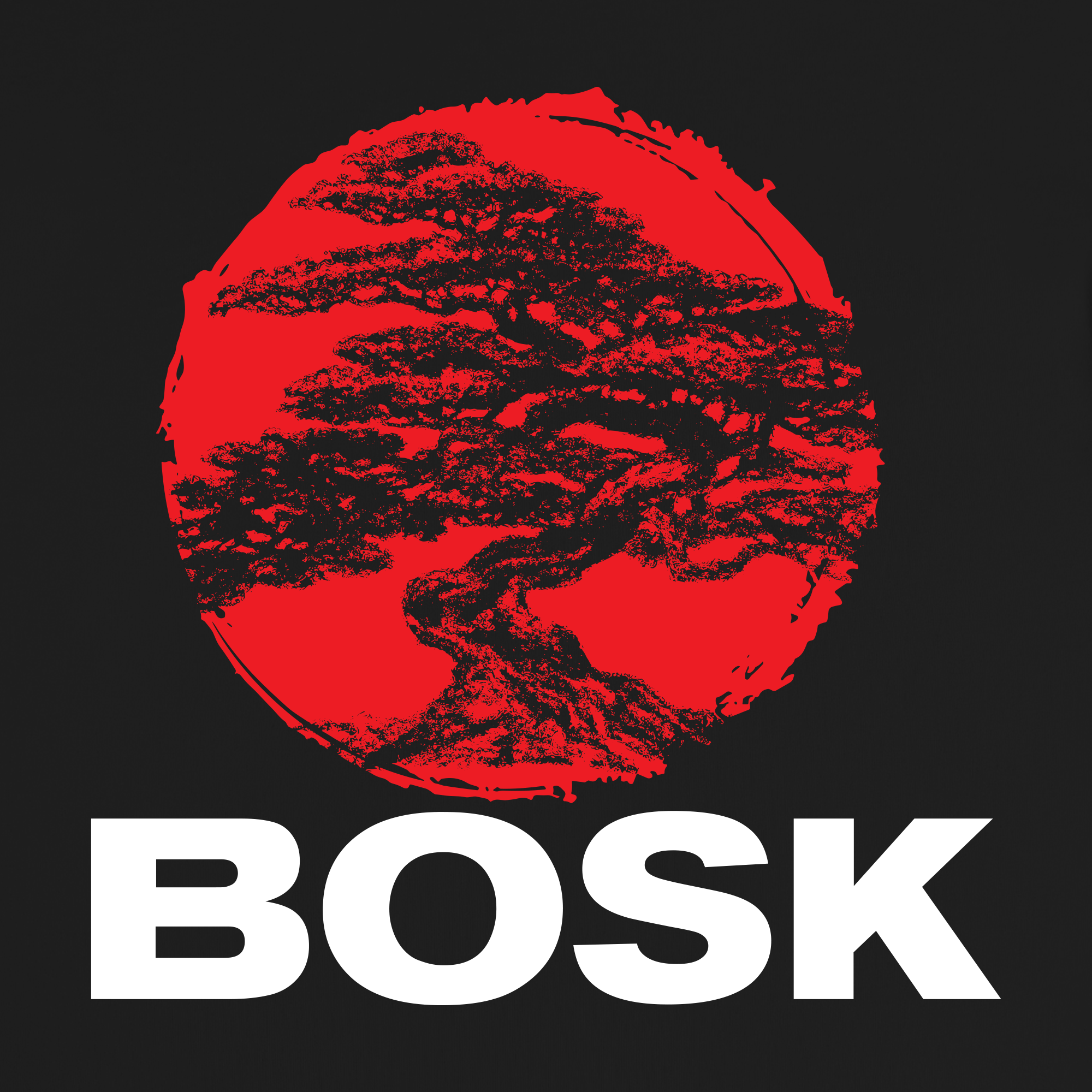 The Circle Bonsai Tee by BOSK features a textured red circle framing a detailed bonsai tree silhouette on black heavy-weight cotton, with bold white “BOSK” lettering below. This classic fit t-shirt blends natural and graphic style elements for striking contrast.