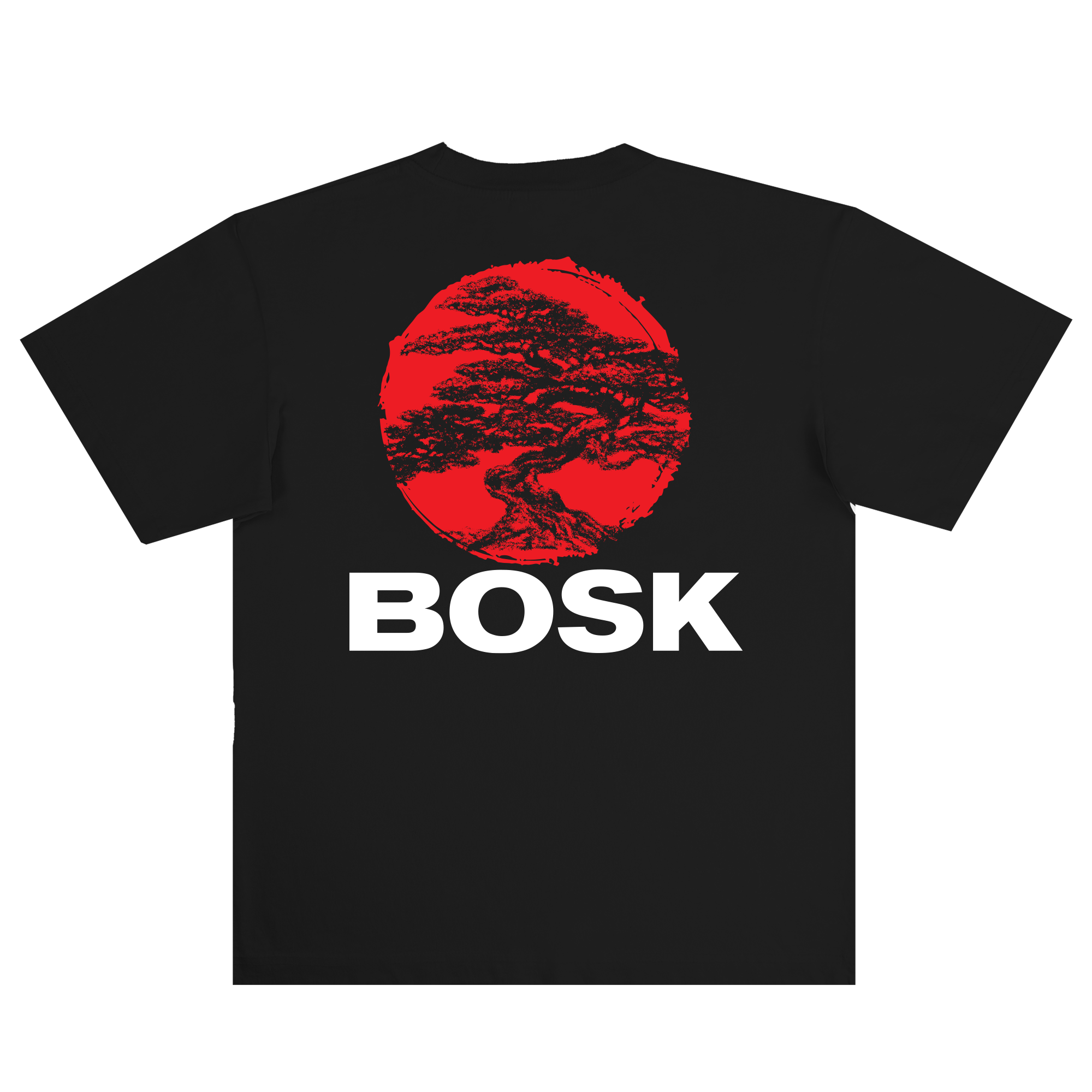 The Circle Bonsai Tee by BOSK is a classic fit, heavy-weight cotton t-shirt with a large red circle bonsai tree graphic on the back and bold “BOSK” text underneath.