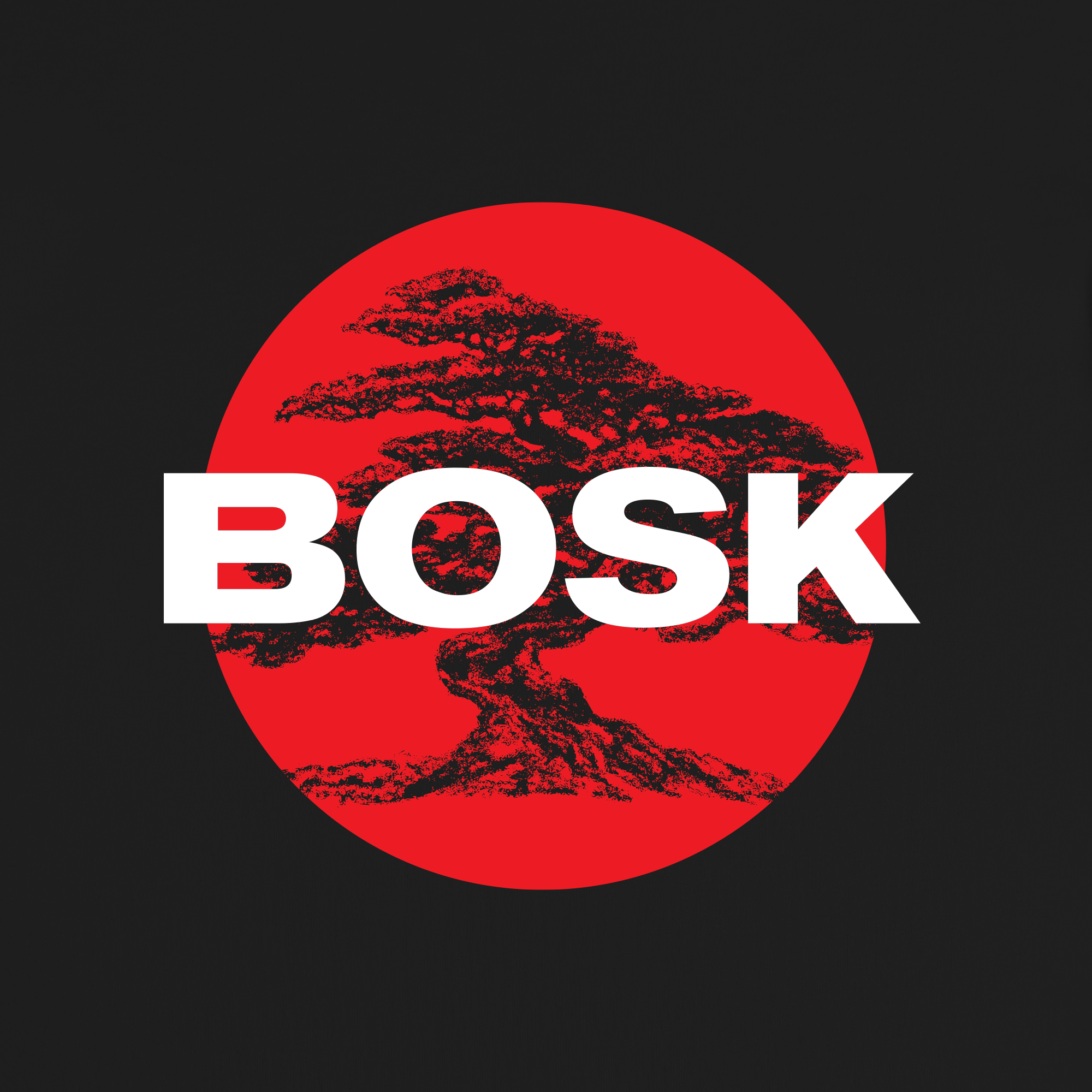 The Circle Bonsai Tee by BOSK features a red oval with a black bonsai silhouette on a black background. Bold white "BOSK" lettering is centered over the design—ideal for fans of classic fit heavy-weight cotton tees.