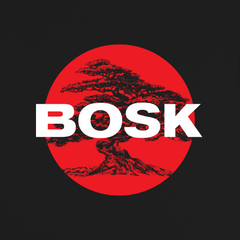 The Circle Bonsai Tee by BOSK features a red oval with a black bonsai silhouette on a black background. Bold white "BOSK" lettering is centered over the design—ideal for fans of classic fit heavy-weight cotton tees.