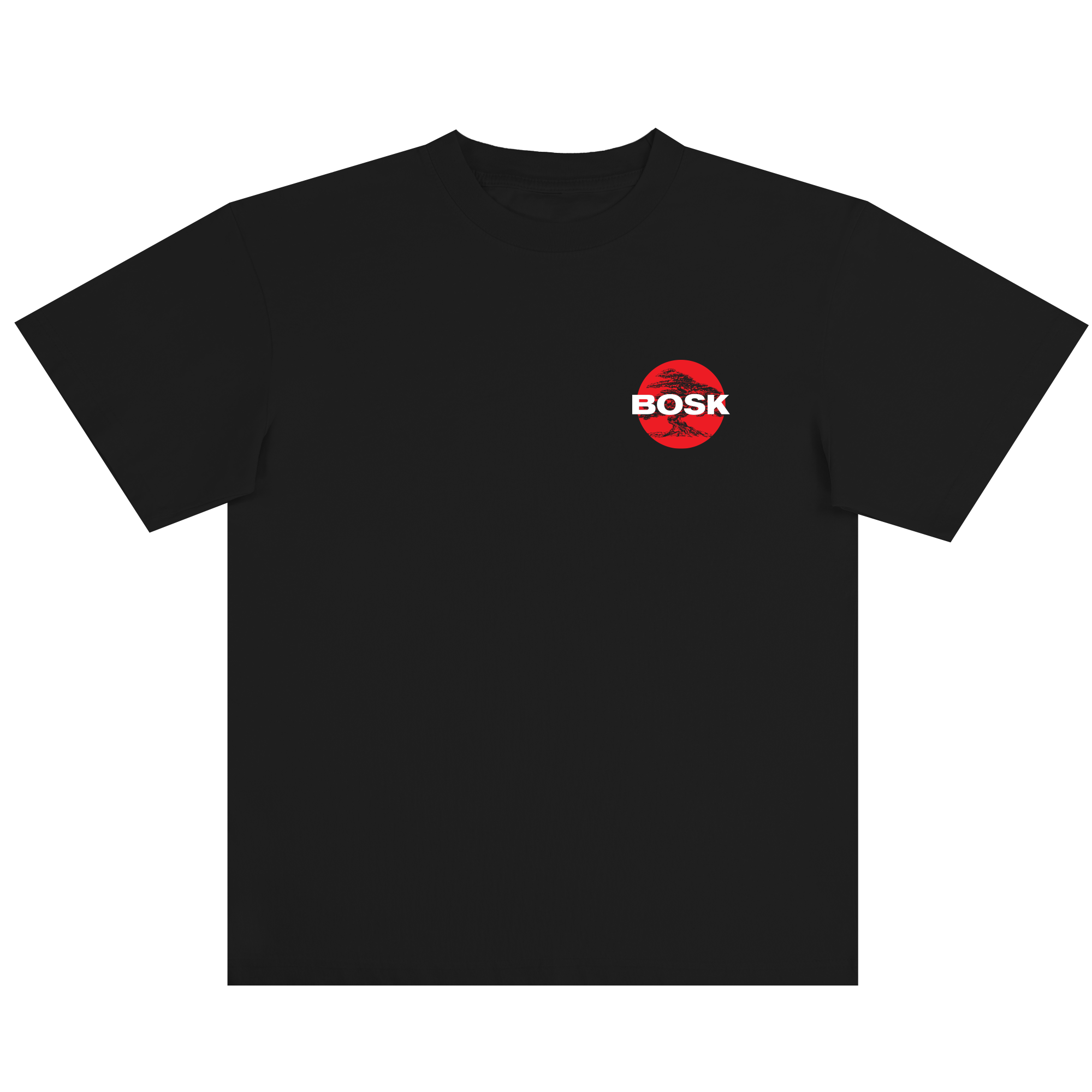 The BOSK Circle Bonsai Tee is a classic-fit black t-shirt made from heavyweight cotton, featuring a small red circle with "BOSK" in bold white letters and tree ring patterns on the left chest.