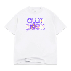 The BOSK Club Bosk Tee is an oversized men's heavyweight cotton t-shirt in plain white, featuring "CLUB RISK" in a bold purple and blue electric font with a yellow burst, shown laid flat on a white background.