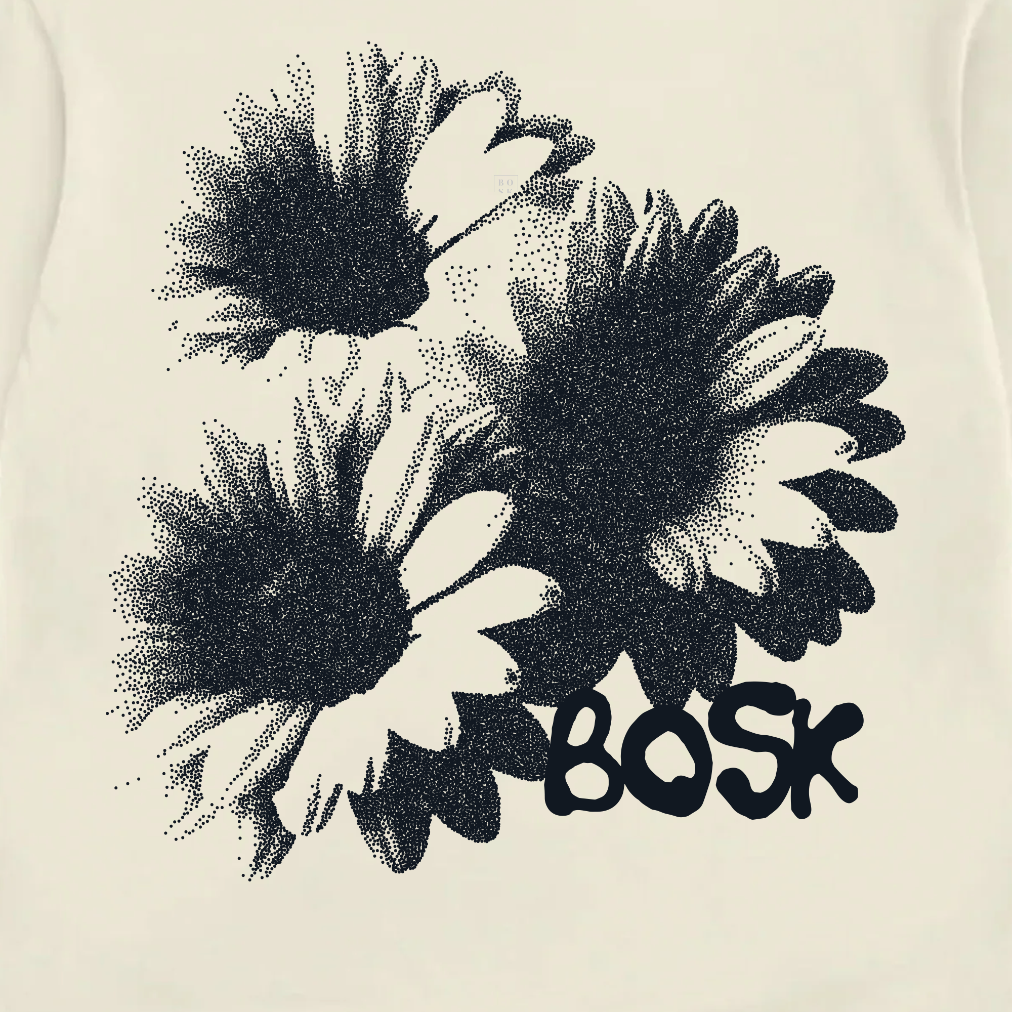 Three large, stipple-style black and white daisies overlap on a cream Floret Tee by BOSK. The bottom right daisy partially covers the bold, playful “BOSK” logo under the petals.