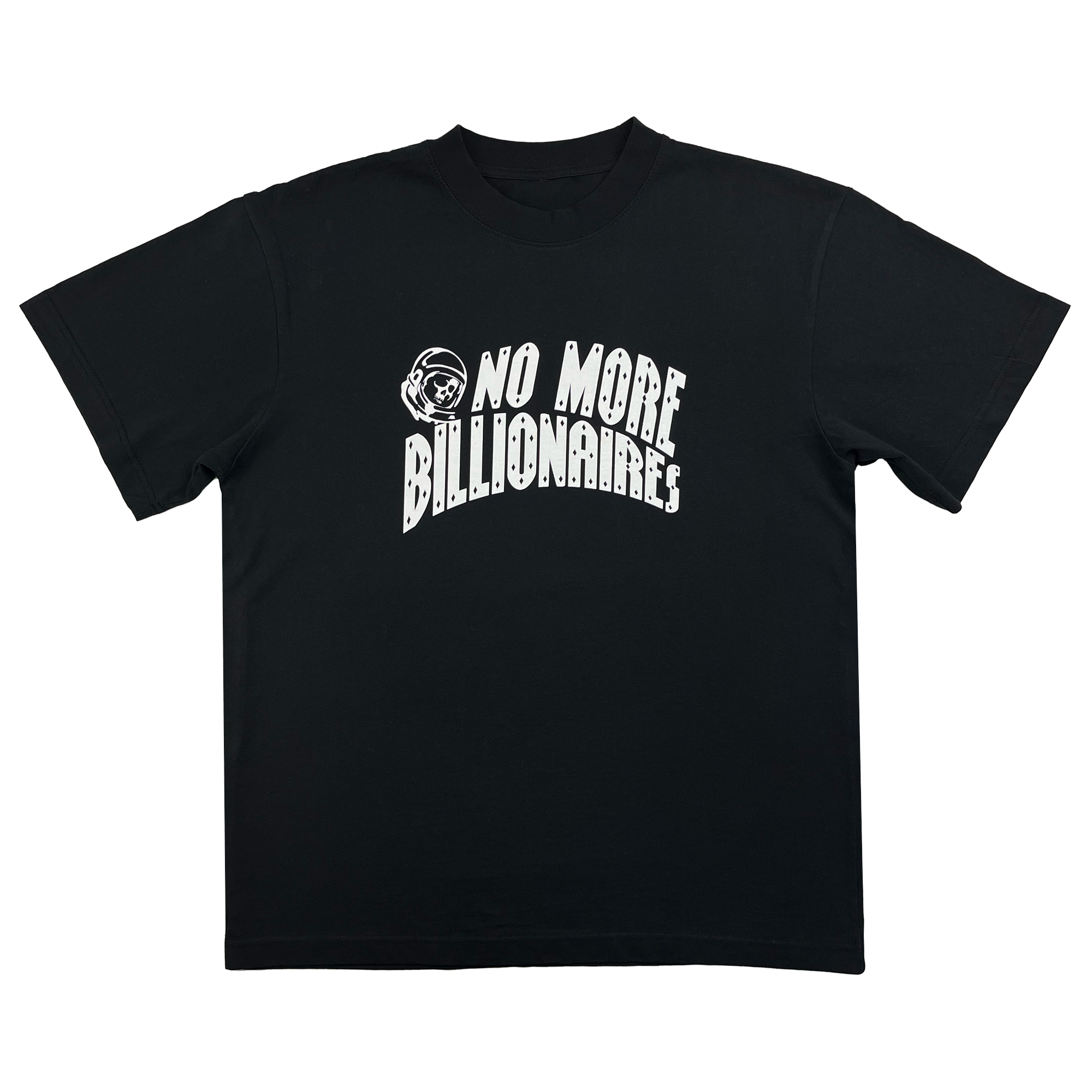 The No Billionaires Tee by BOSK is a black, classic-fit T-shirt crafted from heavyweight cotton. It features bold white text, "No More Billionaires," across the chest with a small skull graphic on the left for an edgy flair.