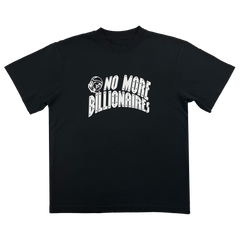 The No Billionaires Tee by BOSK is a black, classic-fit T-shirt crafted from heavyweight cotton. It features bold white text, "No More Billionaires," across the chest with a small skull graphic on the left for an edgy flair.