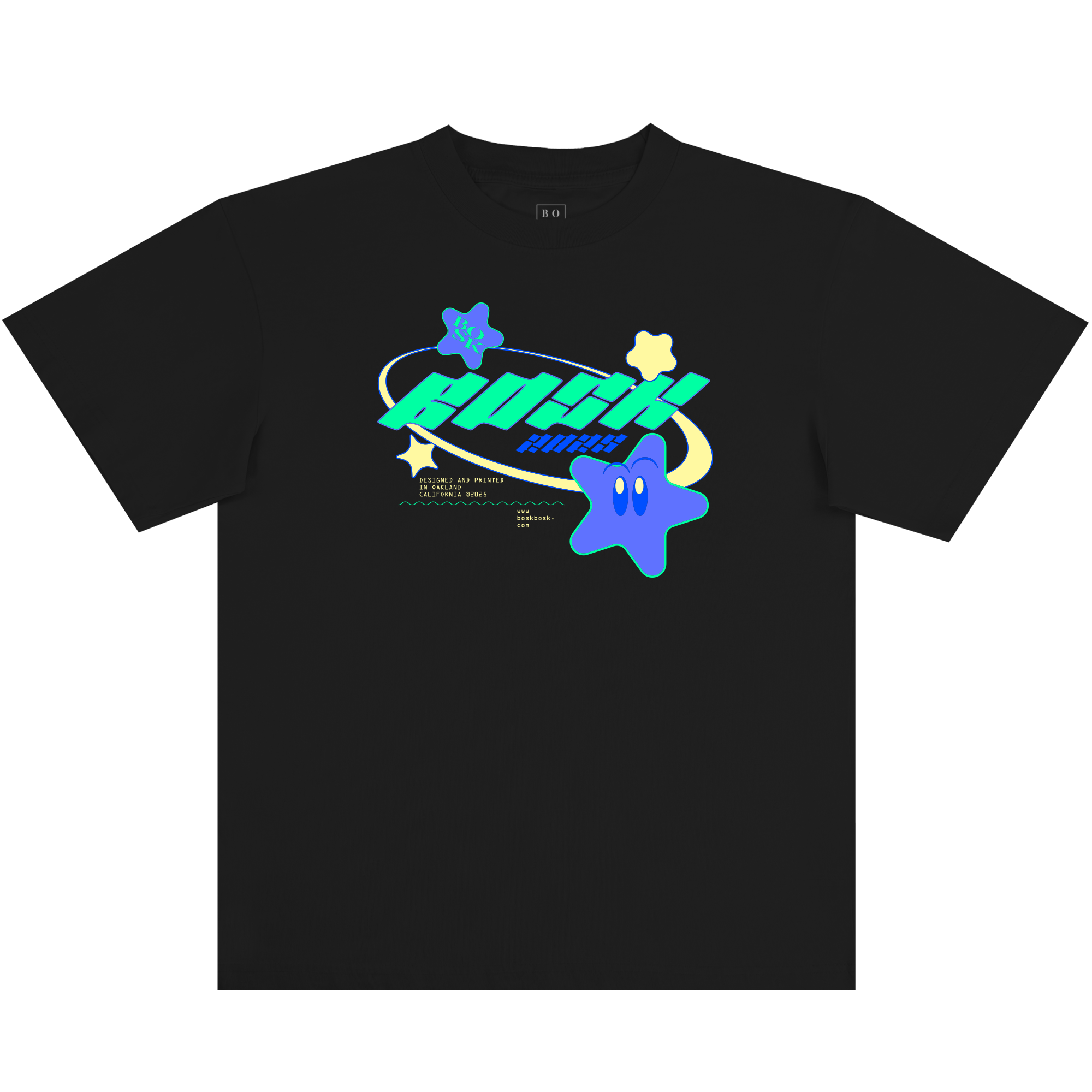 The BOSK Star Power Tee is a black heavy-weight cotton shirt with blue and green cartoon stars (one with a face), swooshes, bold teal “BOOST! POWER” text, and yellow icons in a fun, space-themed design.