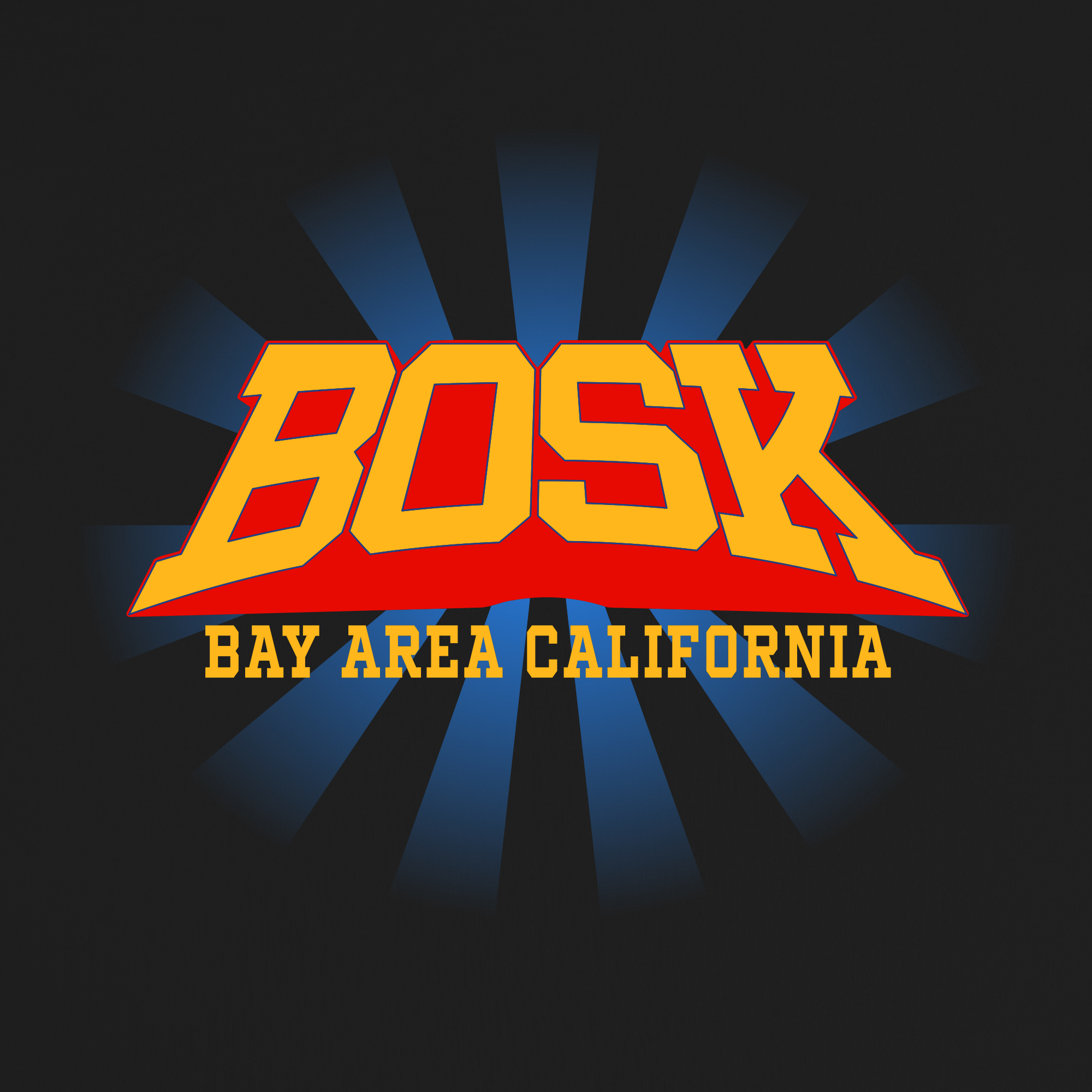 The Super Power Tee by BOSK features bold yellow “BOSK” text with a red outline on black heavy-weight cotton, a subtle blue burst behind the text, and smaller yellow “BAY AREA CALIFORNIA” lettering below.