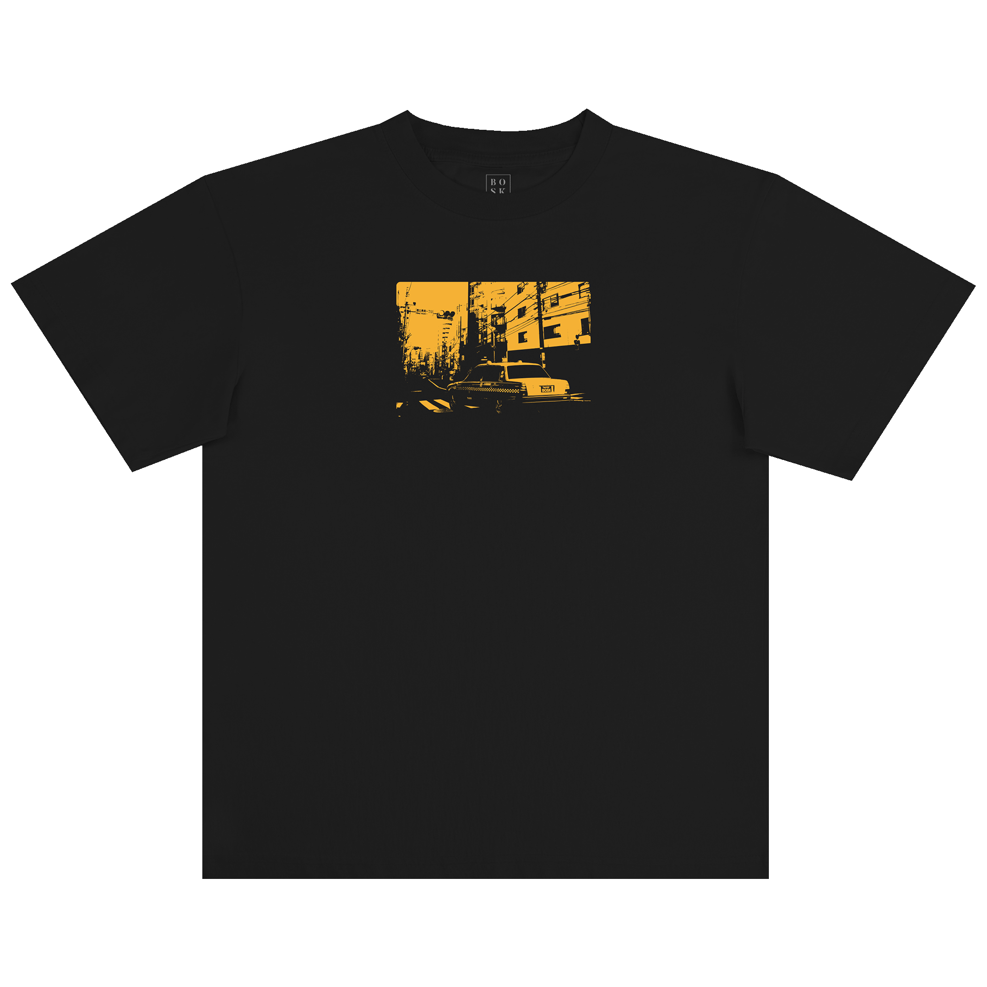 The BOSK Yellow Cab Tee is a classic fit, heavy-weight black t-shirt made from 100% cotton, featuring a bold yellow chest graphic of an urban street scene with buildings, power lines, and a car.